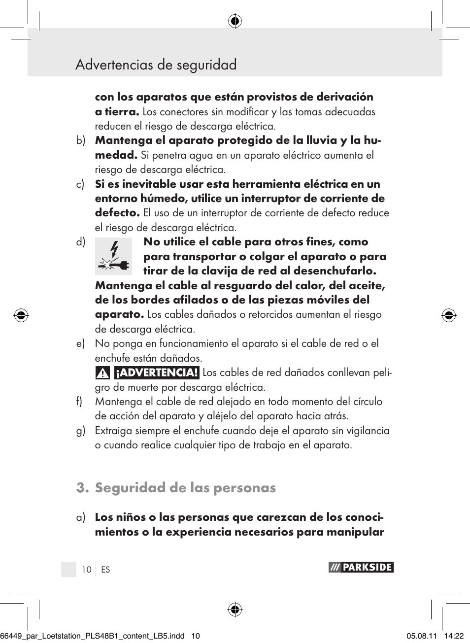 Advertencias de seguridad, Seguridad de las personas | Parkside PLS 48 B1 User Manual | Page 10 / 86