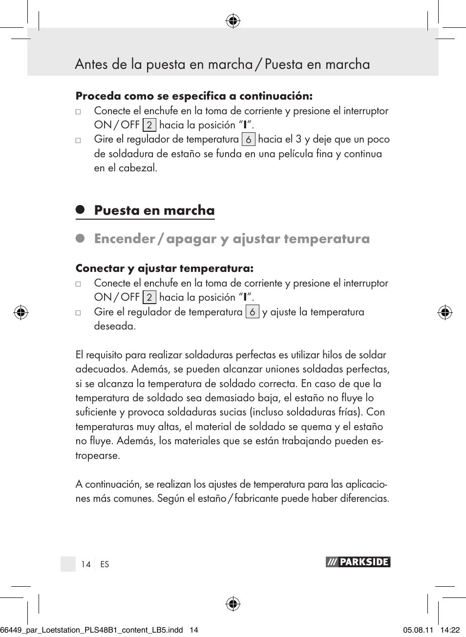 Puesta en marcha, Encender / apagar y ajustar temperatura | Parkside PLS 48 B1 User Manual | Page 14 / 86