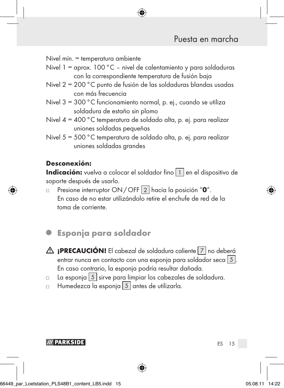 Puesta en marcha, Esponja para soldador | Parkside PLS 48 B1 User Manual | Page 15 / 86