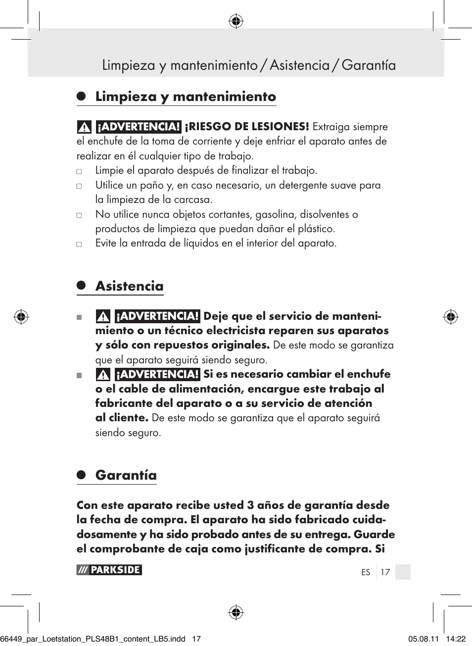 Limpieza y mantenimiento, Asistencia, Garantía | Parkside PLS 48 B1 User Manual | Page 17 / 86