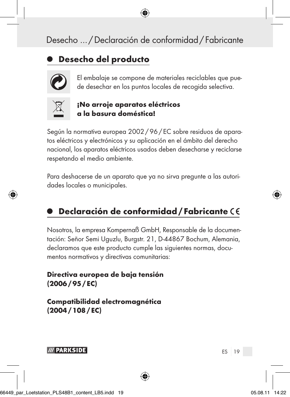 Garantía, Desecho del producto, Declaración de conformidad / fabricante | Parkside PLS 48 B1 User Manual | Page 19 / 86