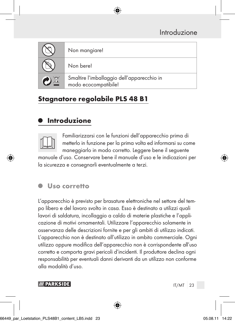 Introduzione, Stagnatore regolabile pls 48 b1, Uso corretto | Parkside PLS 48 B1 User Manual | Page 23 / 86