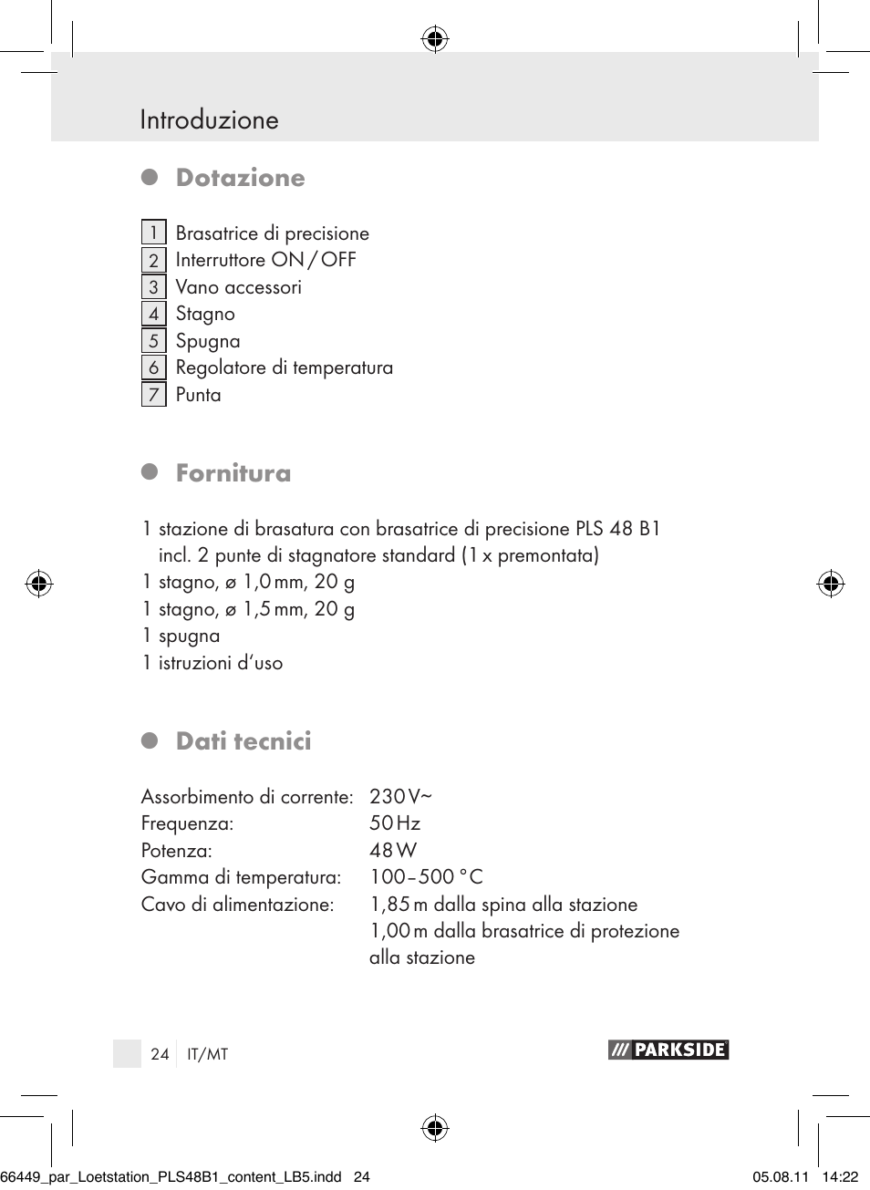 Indicazioni di sicurezza introduzione, Dotazione, Fornitura | Dati tecnici | Parkside PLS 48 B1 User Manual | Page 24 / 86