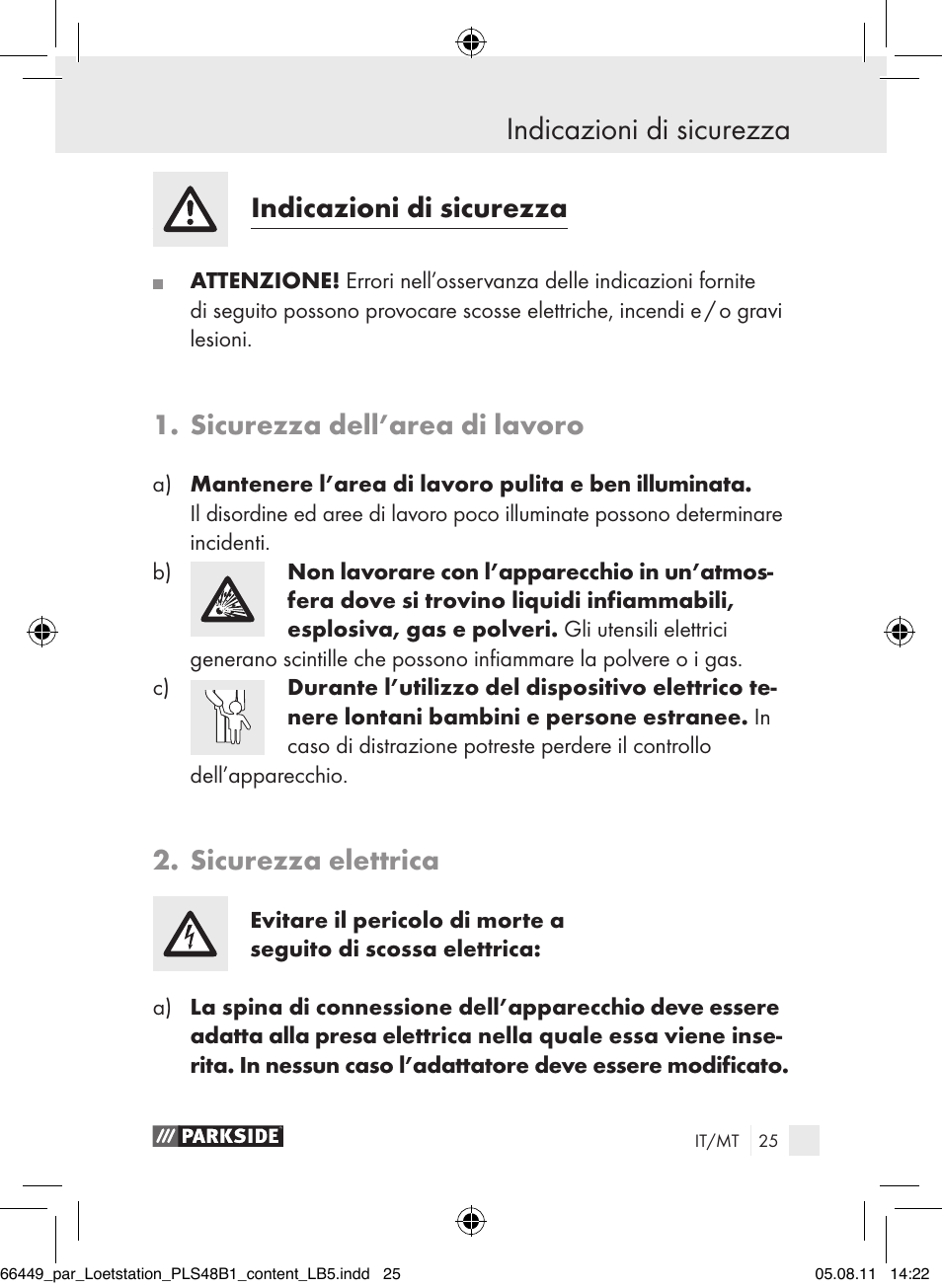 Indicazioni di sicurezza introduzione, Indicazioni di sicurezza, Sicurezza dell’area di lavoro | Sicurezza elettrica | Parkside PLS 48 B1 User Manual | Page 25 / 86