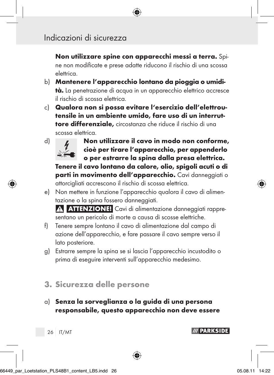 Indicazioni di sicurezza, Sicurezza delle persone | Parkside PLS 48 B1 User Manual | Page 26 / 86