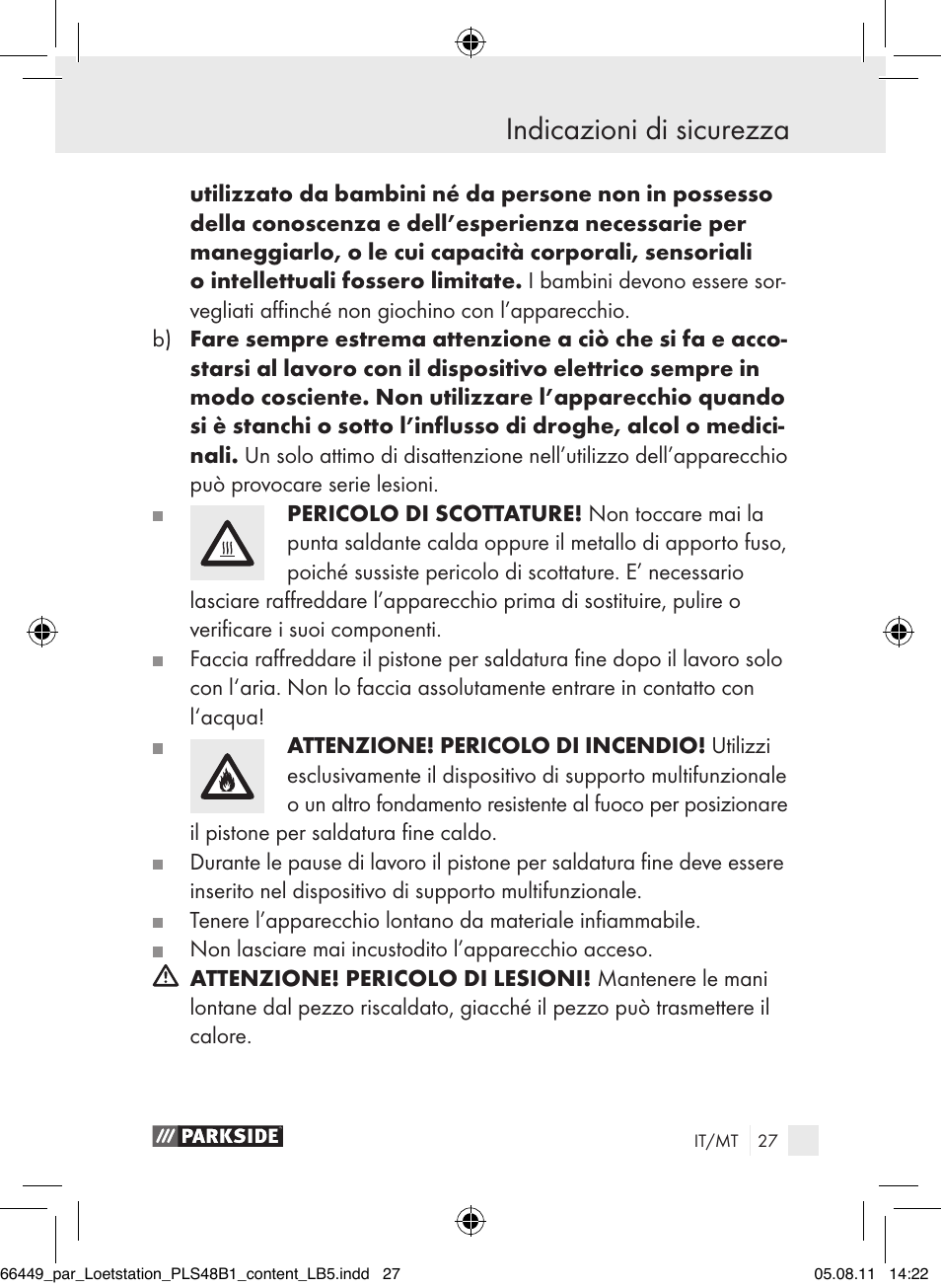 Indicazioni di sicurezza | Parkside PLS 48 B1 User Manual | Page 27 / 86