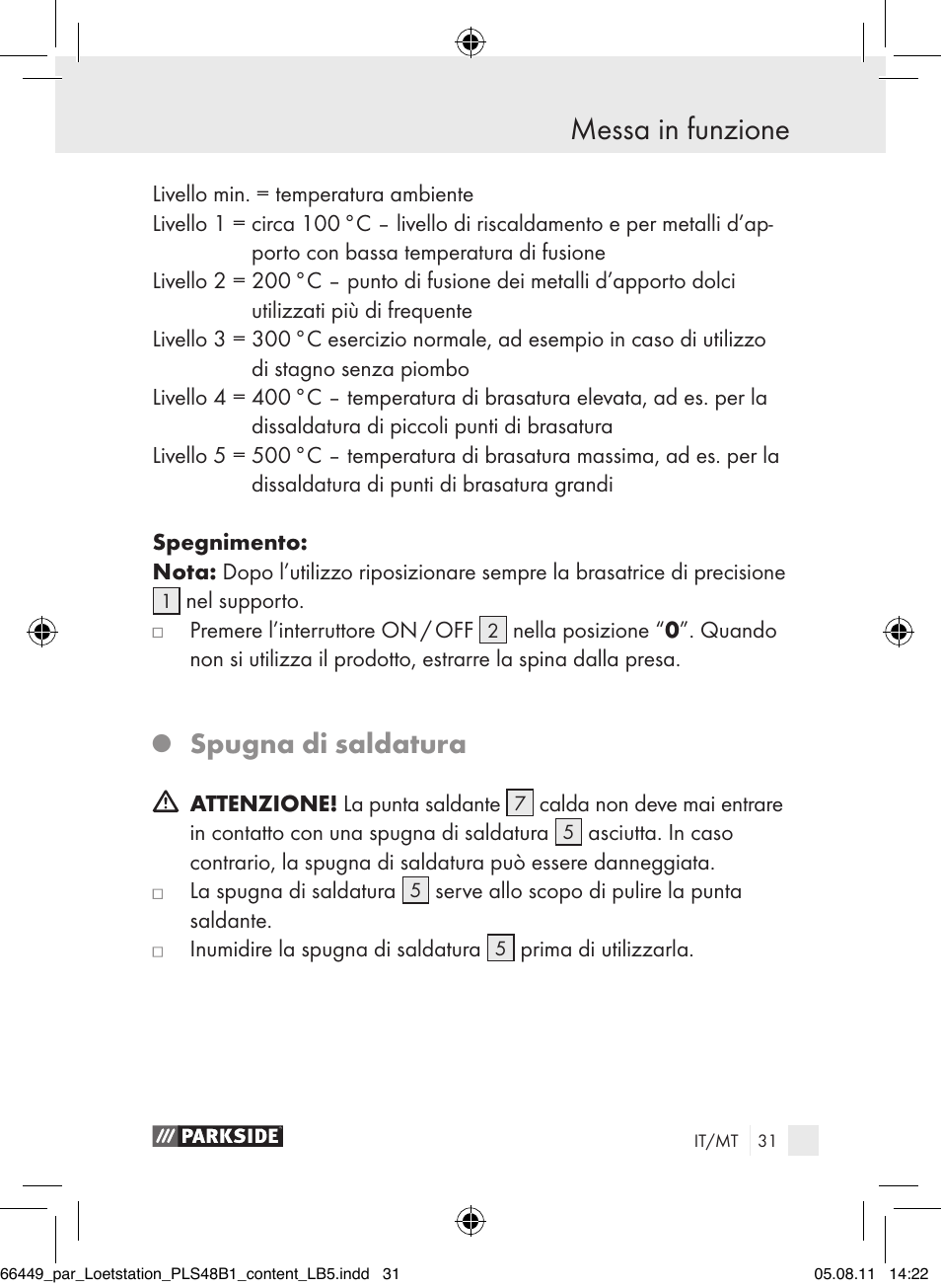 Messa in funzione, Spugna di saldatura | Parkside PLS 48 B1 User Manual | Page 31 / 86