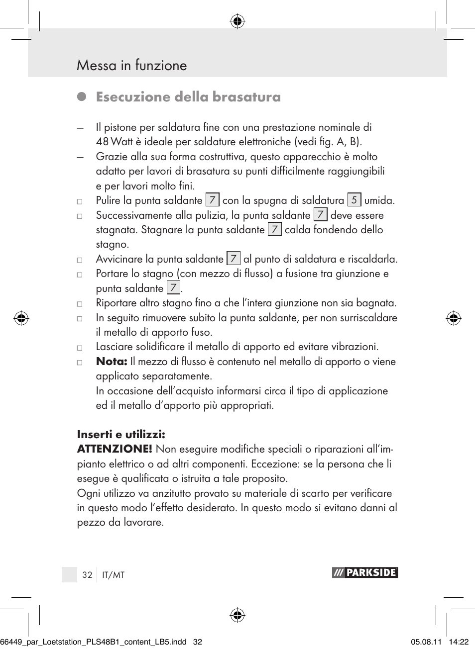 Messa in funzione, Manutenzione e pulizia / assistenza / garanzia, Esecuzione della brasatura | Parkside PLS 48 B1 User Manual | Page 32 / 86