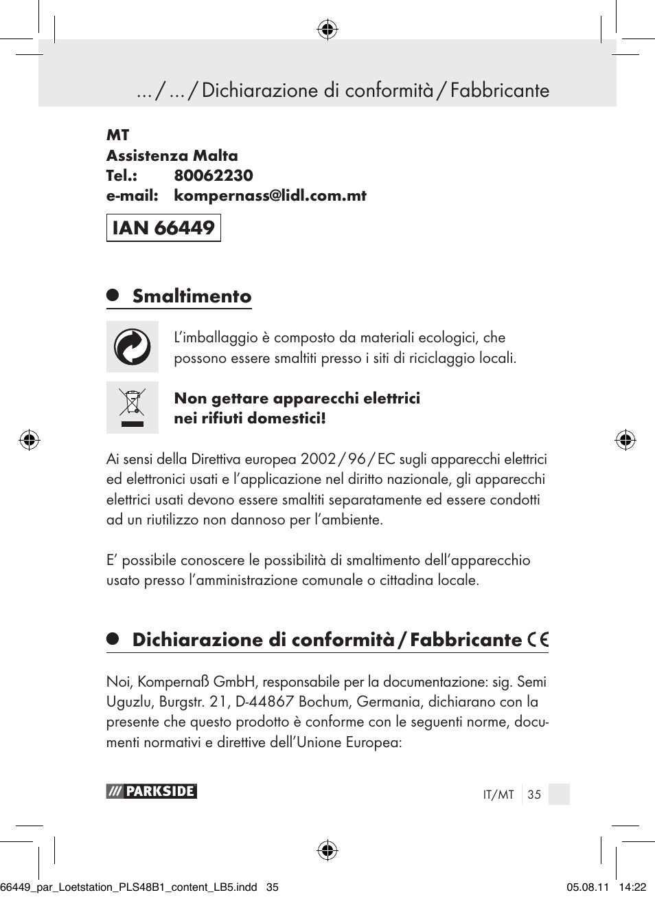 Dichiarazione di conformità / fabbricante garanzia, Smaltimento, Dichiarazione di conformità / fabbricante | Parkside PLS 48 B1 User Manual | Page 35 / 86