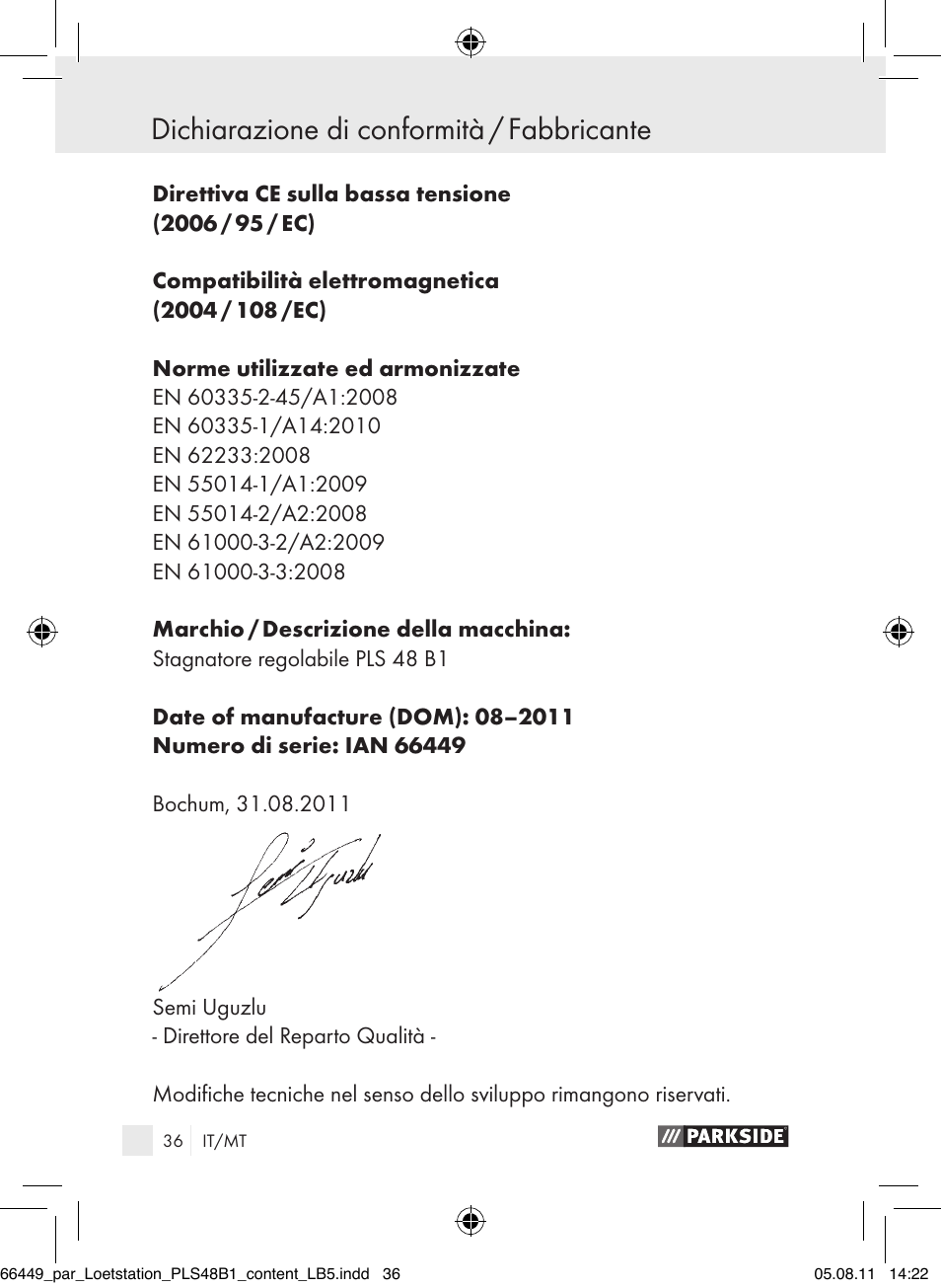 Dichiarazione di conformità / fabbricante, Índice | Parkside PLS 48 B1 User Manual | Page 36 / 86