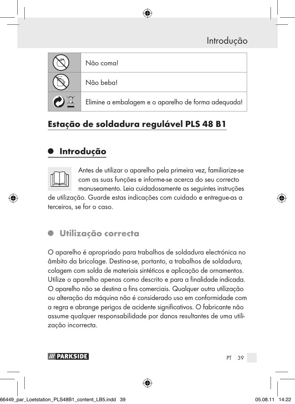 Introdução, Estação de soldadura regulável pls 48 b1, Utilização correcta | Parkside PLS 48 B1 User Manual | Page 39 / 86