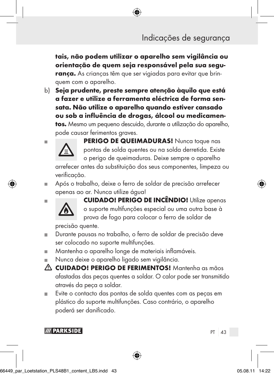 Indicações de segurança | Parkside PLS 48 B1 User Manual | Page 43 / 86