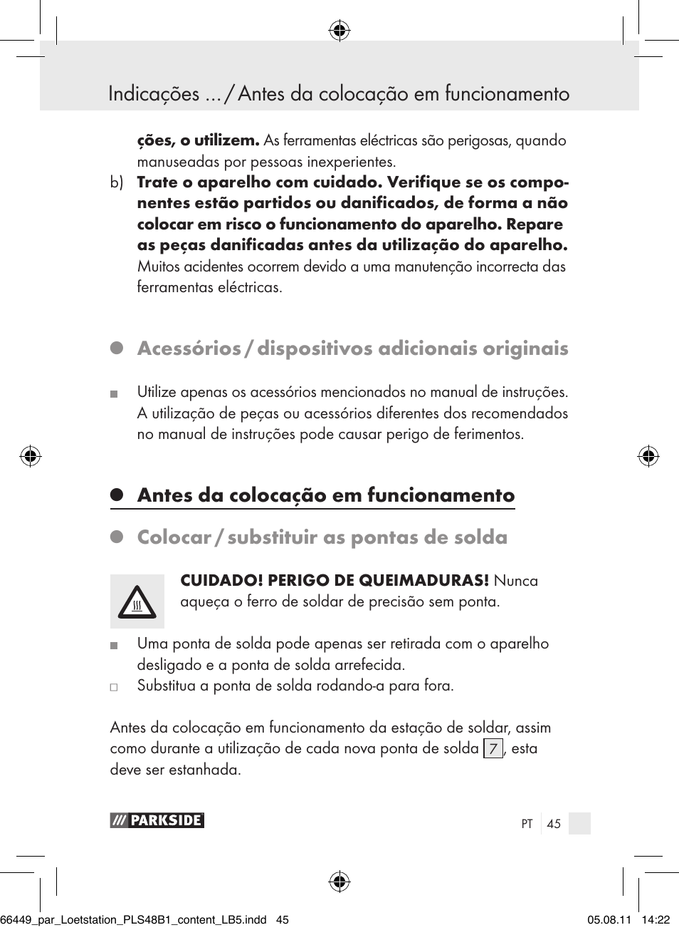 Acessórios / dispositivos adicionais originais, Antes da colocação em funcionamento, Colocar / substituir as pontas de solda | Parkside PLS 48 B1 User Manual | Page 45 / 86