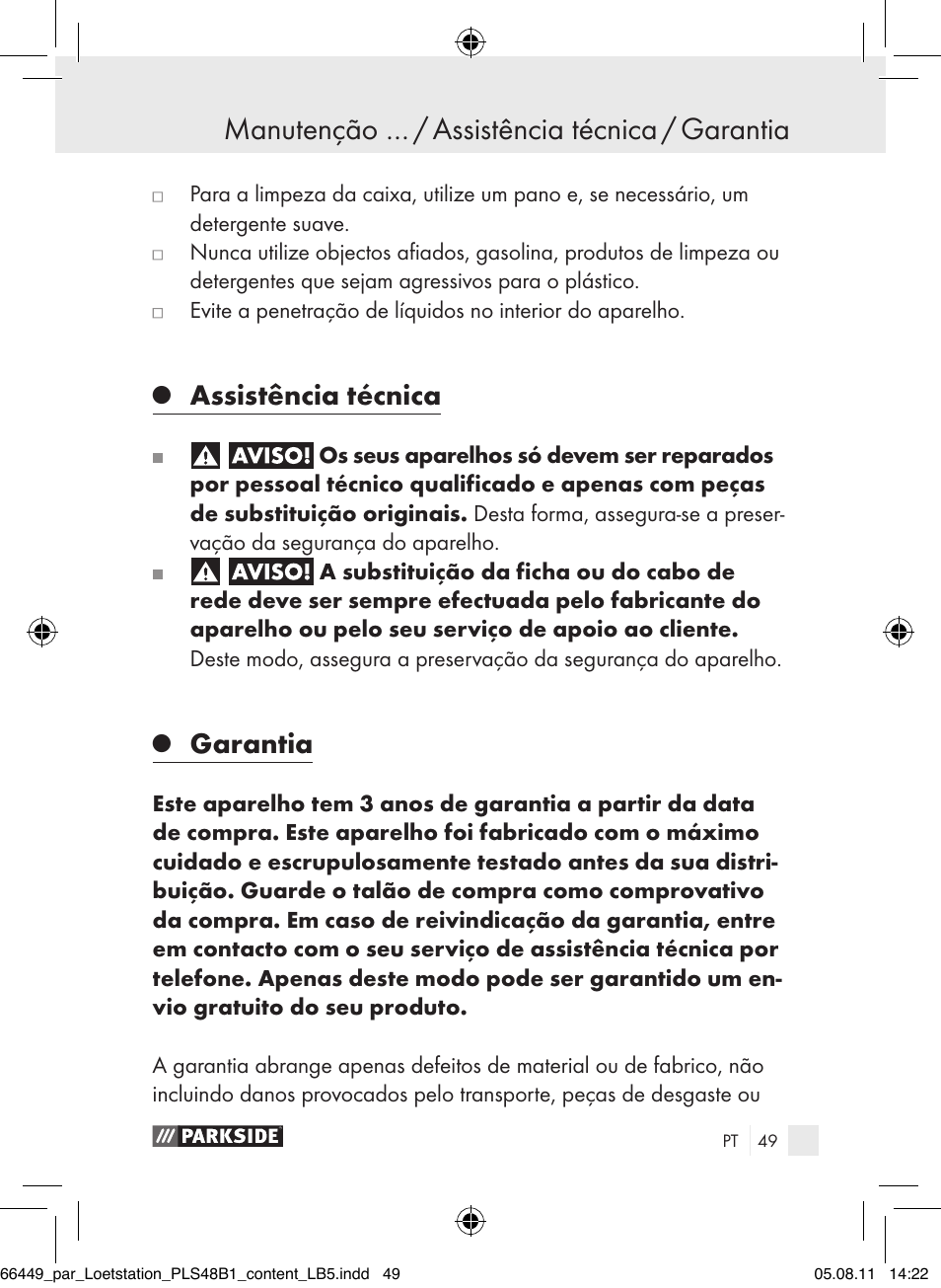 Assistência técnica, Garantia | Parkside PLS 48 B1 User Manual | Page 49 / 86