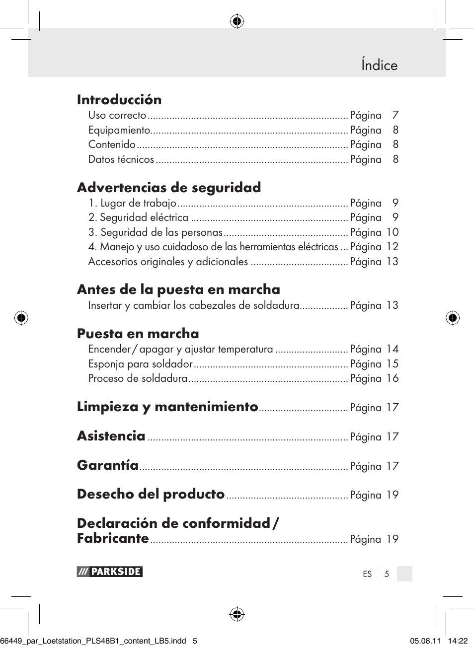 Índice, Introducción, Advertencias de seguridad | Antes de la puesta en marcha, Puesta en marcha, Limpieza y mantenimiento, Asistencia, Garantía, Desecho del producto, Declaración de conformidad / fabricante | Parkside PLS 48 B1 User Manual | Page 5 / 86