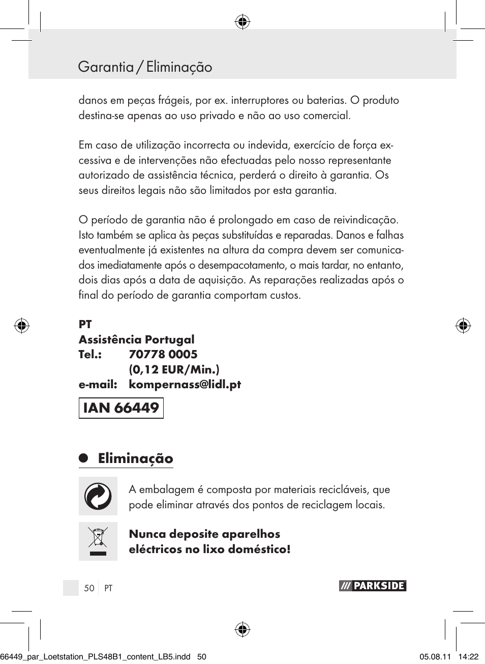 Eliminação | Parkside PLS 48 B1 User Manual | Page 50 / 86