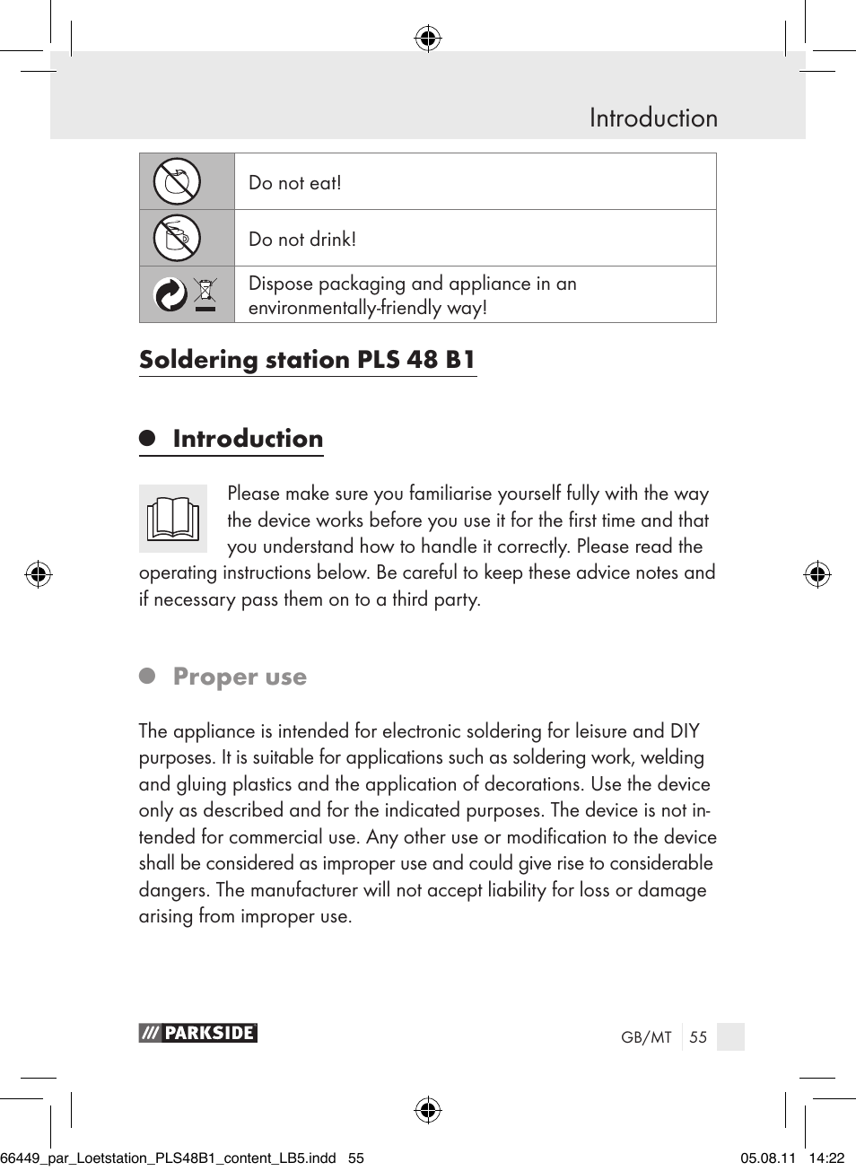 Introduction, Soldering station pls 48 b1, Proper use | Parkside PLS 48 B1 User Manual | Page 55 / 86