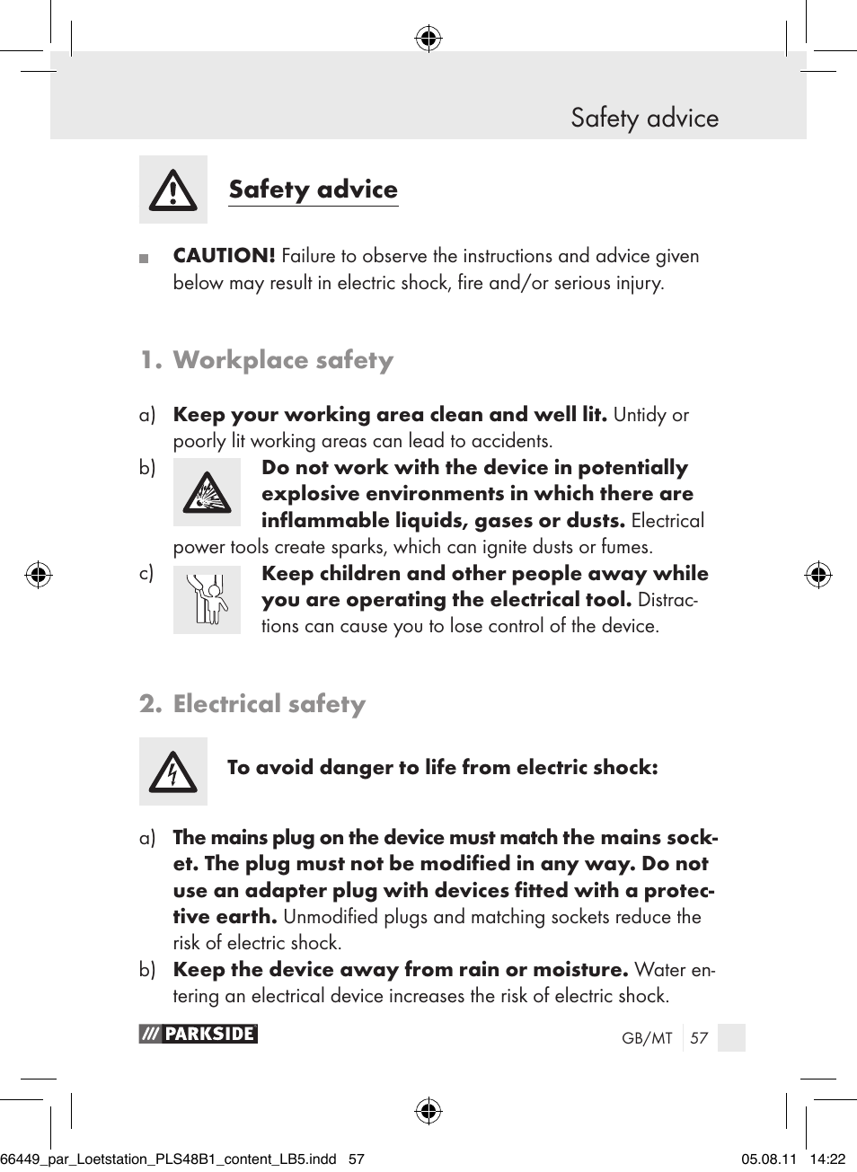 Safety advice introduction, Safety advice, Workplace safety | Electrical safety | Parkside PLS 48 B1 User Manual | Page 57 / 86