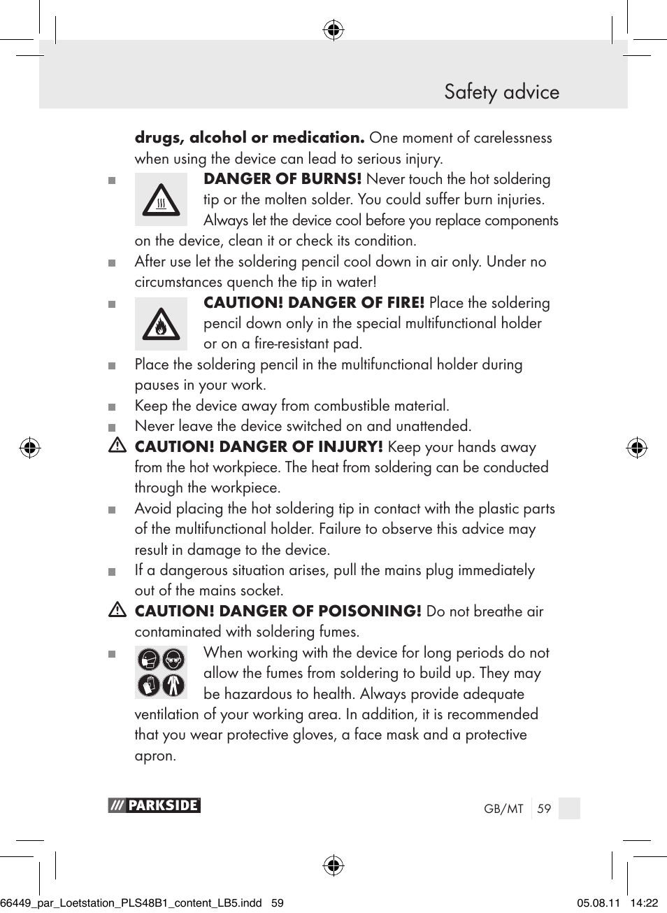 Safety advice | Parkside PLS 48 B1 User Manual | Page 59 / 86