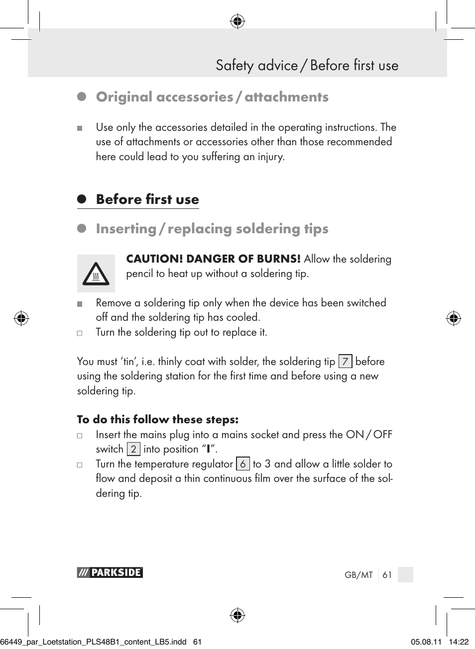 Safety advice / before first use safety advice, Original accessories / attachments, Before first use | Inserting / replacing soldering tips | Parkside PLS 48 B1 User Manual | Page 61 / 86