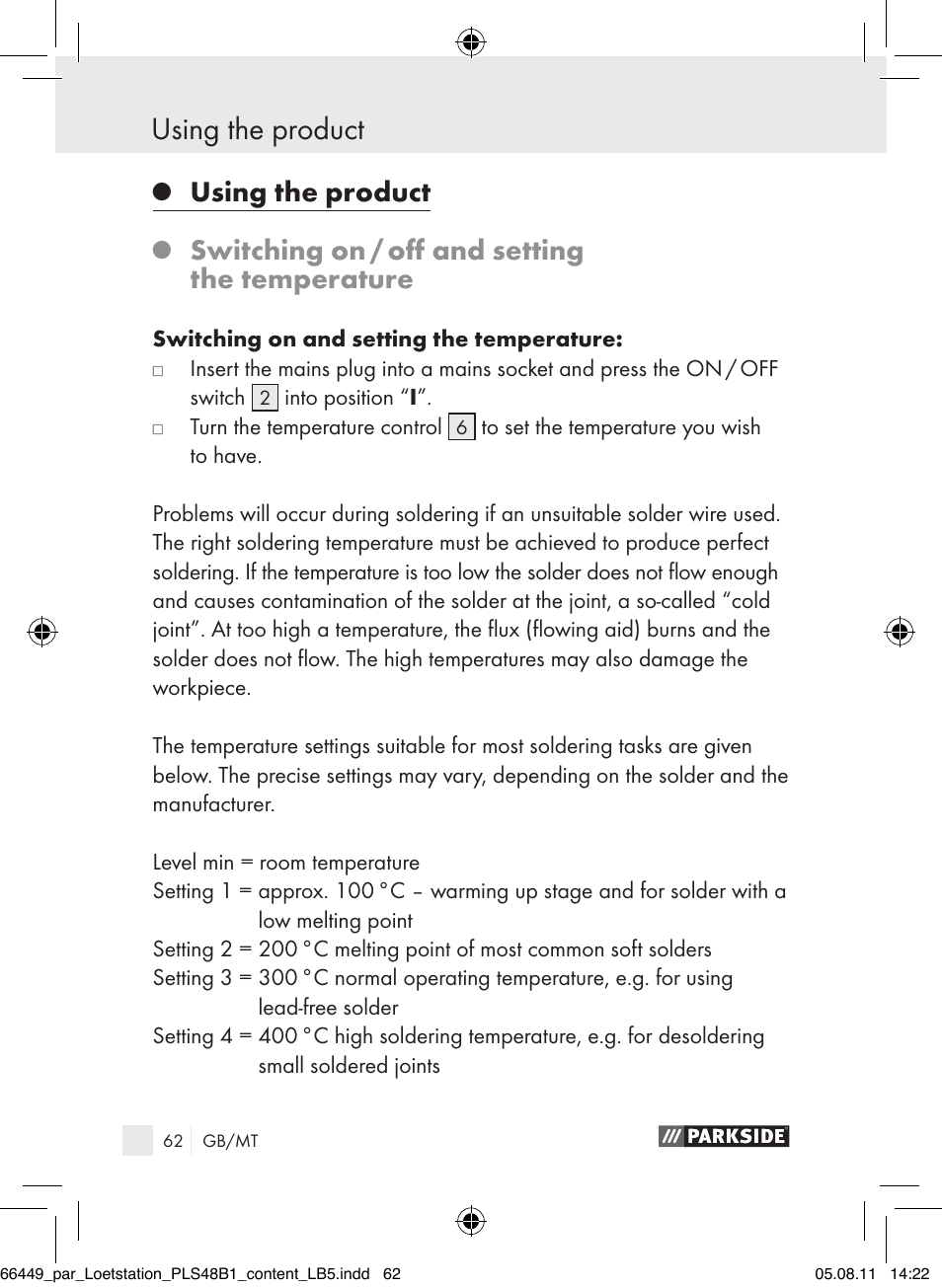 Using the product, Switching on / off and setting the temperature | Parkside PLS 48 B1 User Manual | Page 62 / 86