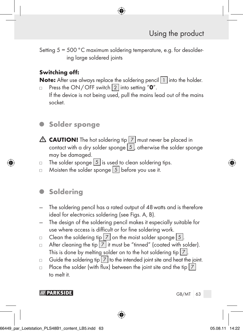 Using the product, Solder sponge, Soldering | Parkside PLS 48 B1 User Manual | Page 63 / 86