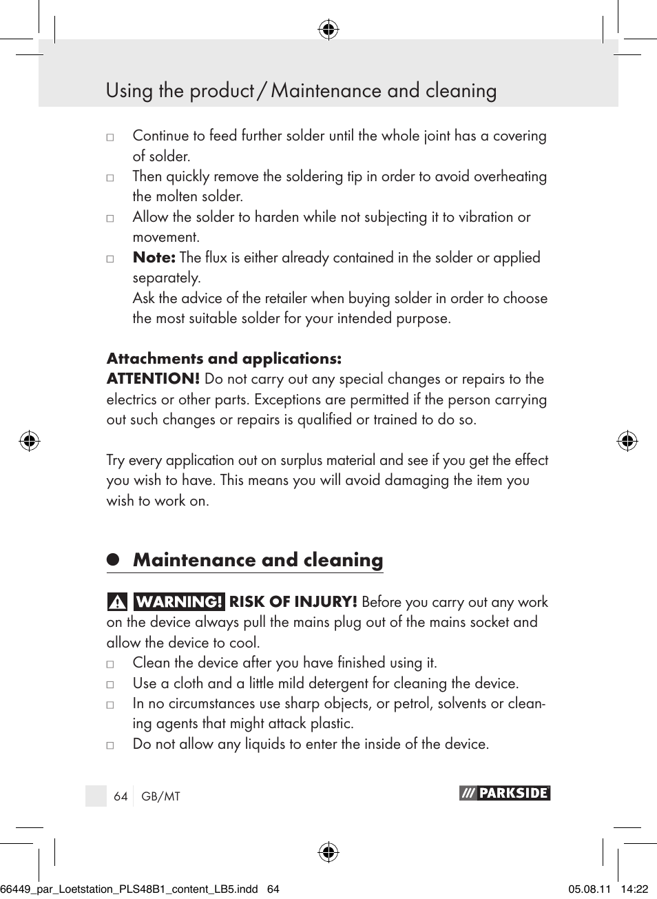 Maintenance and cleaning | Parkside PLS 48 B1 User Manual | Page 64 / 86