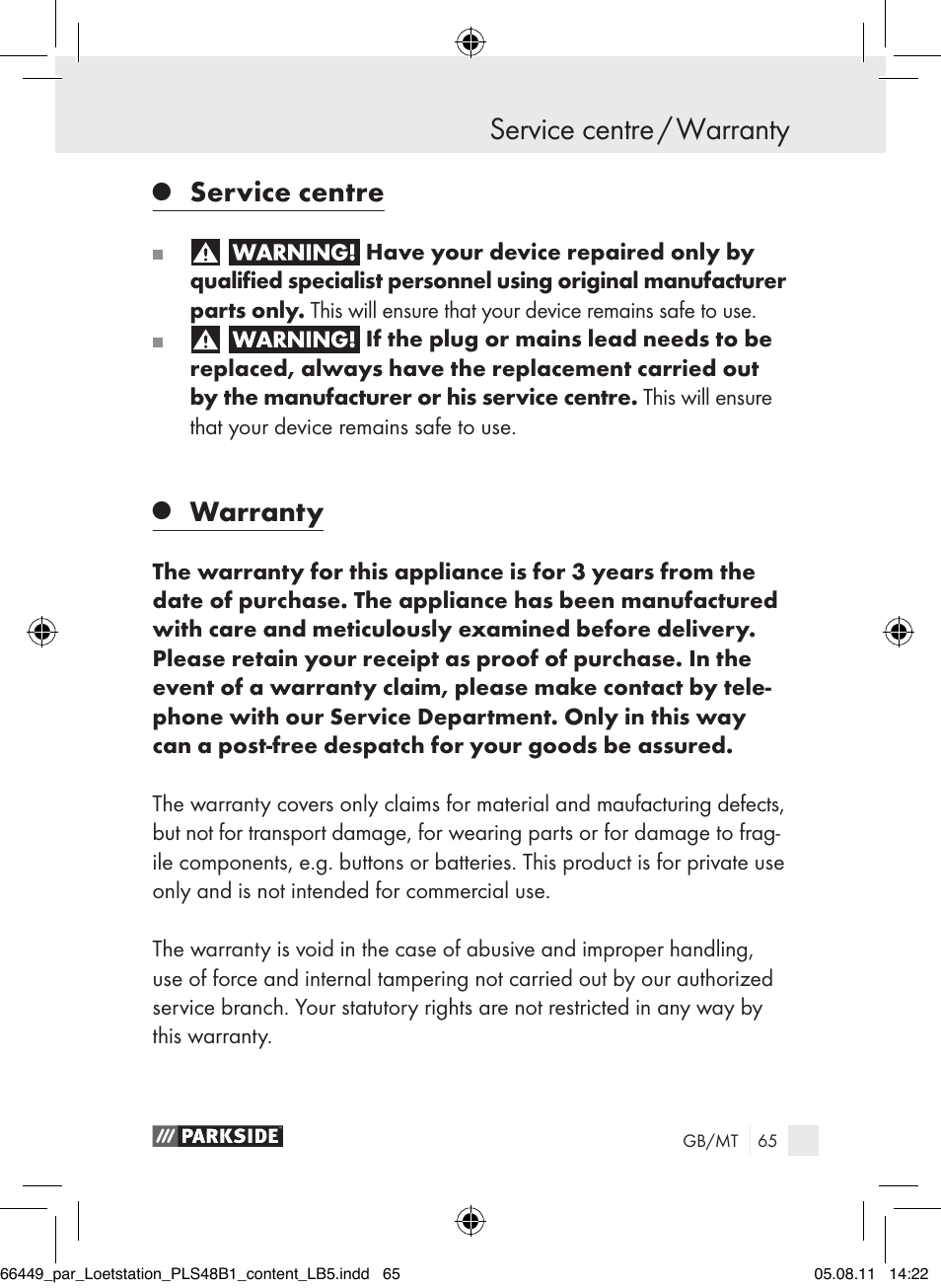 Service centre, Warranty | Parkside PLS 48 B1 User Manual | Page 65 / 86