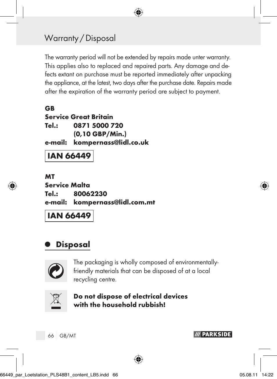 Disposal | Parkside PLS 48 B1 User Manual | Page 66 / 86