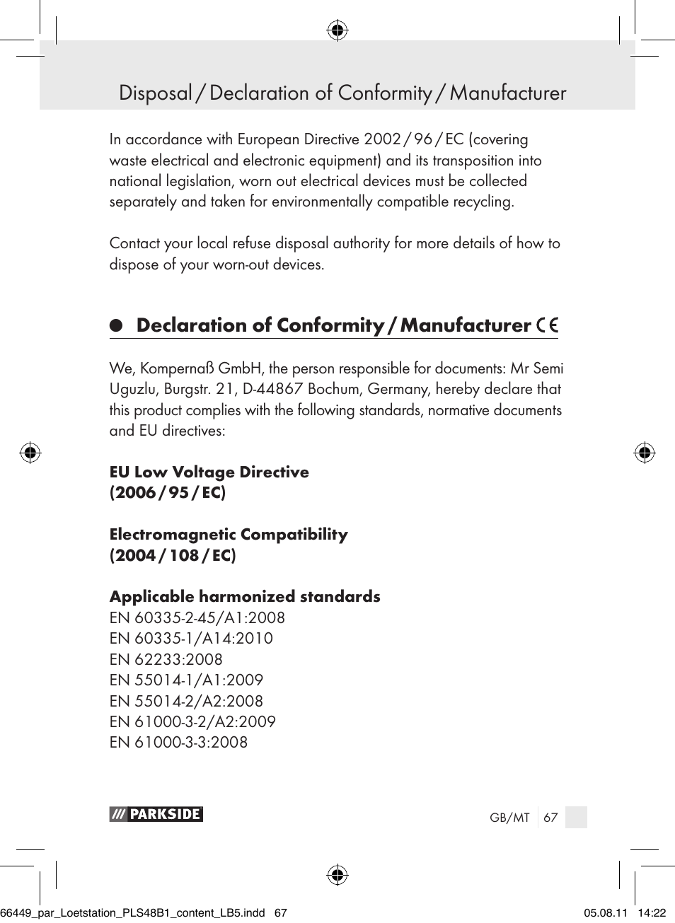 Declaration of conformity / manufacturer | Parkside PLS 48 B1 User Manual | Page 67 / 86