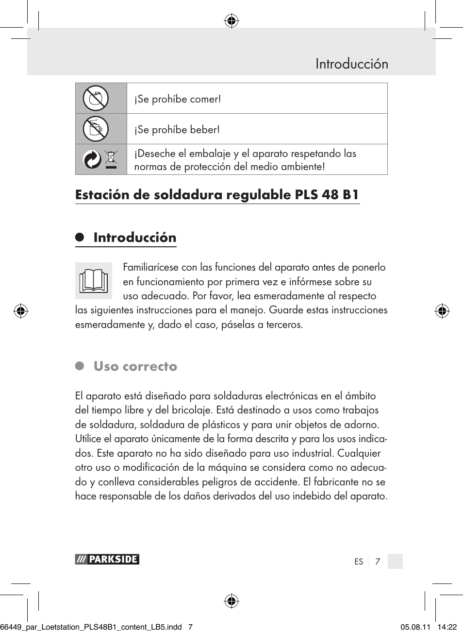 Introducción, Estación de soldadura regulable pls 48 b1, Uso correcto | Parkside PLS 48 B1 User Manual | Page 7 / 86