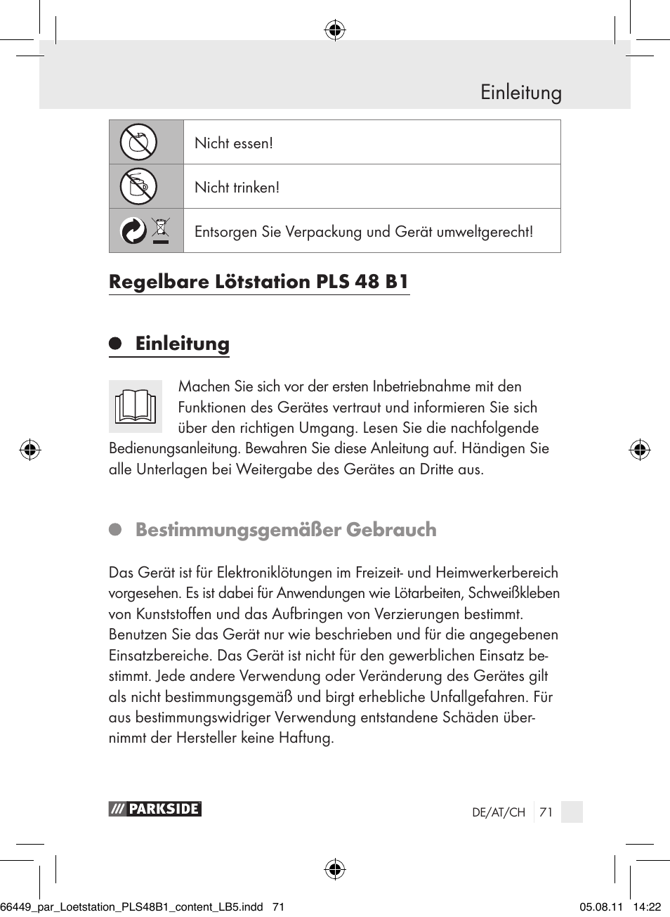 Regelbare lötstation pls 48 b1, Einleitung, Bestimmungsgemäßer gebrauch | Parkside PLS 48 B1 User Manual | Page 71 / 86