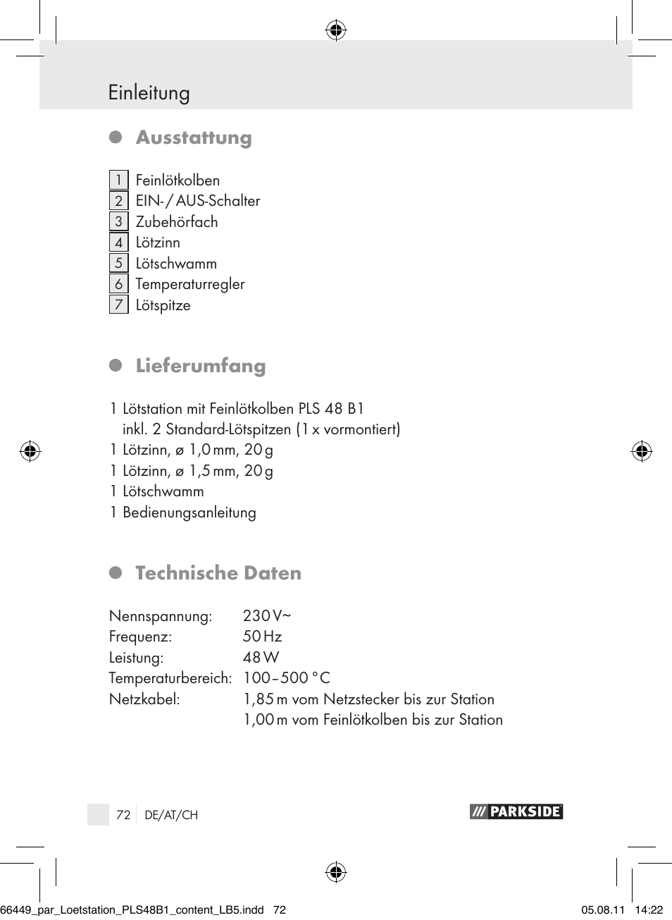 Einleitung sicherheitshinweise, Ausstattung, Lieferumfang | Technische daten | Parkside PLS 48 B1 User Manual | Page 72 / 86