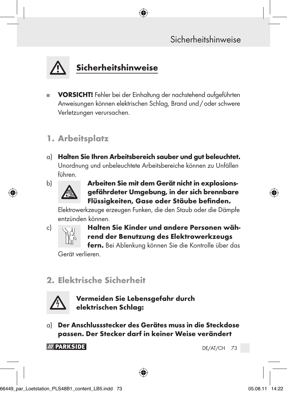 Einleitung, Sicherheitshinweise, Arbeitsplatz | Elektrische sicherheit | Parkside PLS 48 B1 User Manual | Page 73 / 86