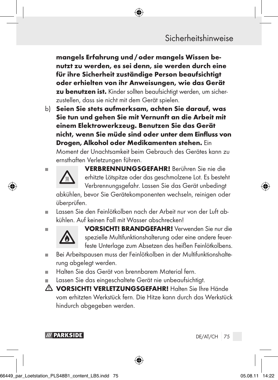 Sicherheitshinweise | Parkside PLS 48 B1 User Manual | Page 75 / 86