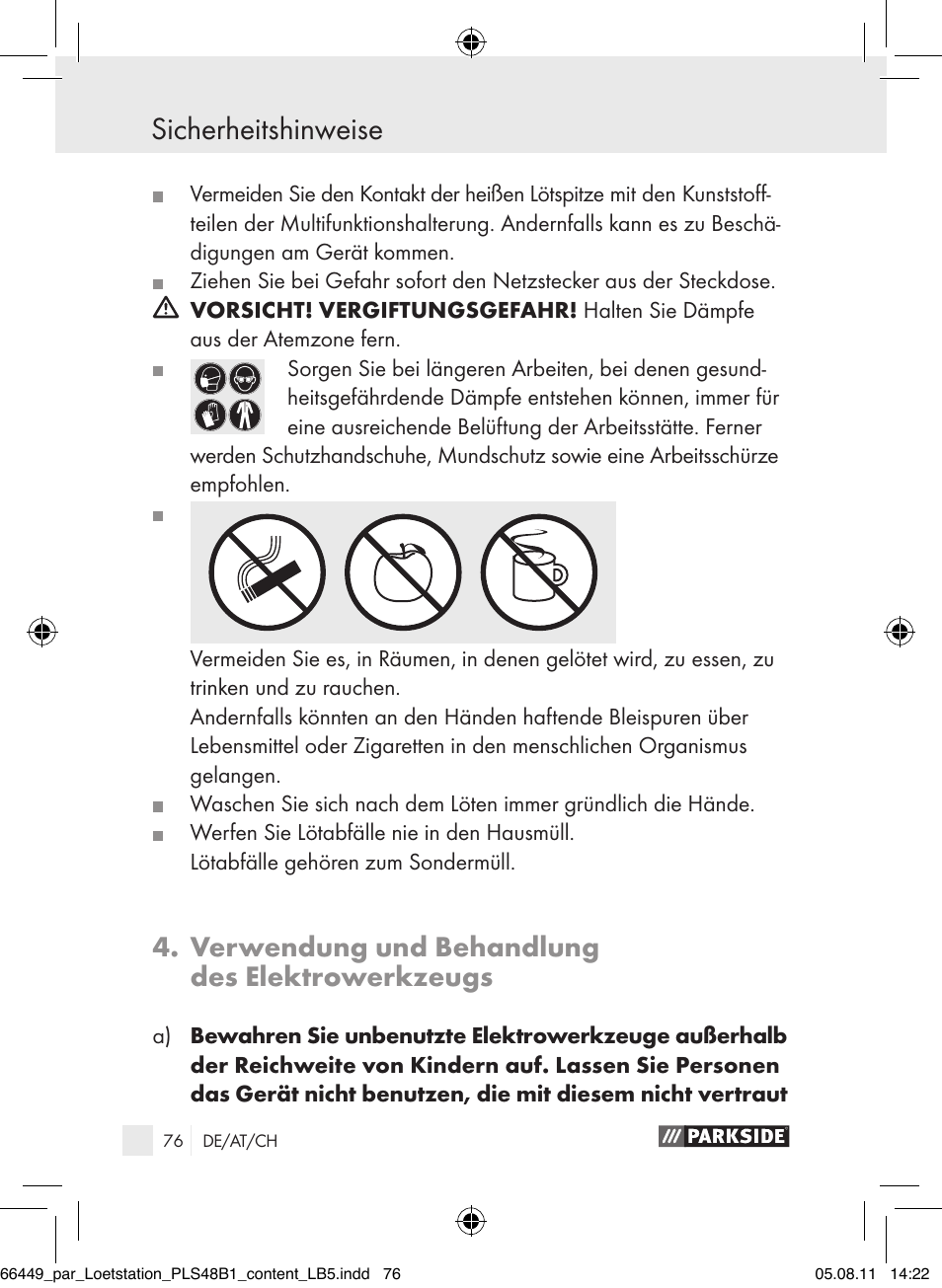 Sicherheitshinweise, Sicherheitshinweise / vor der inbetriebnahme, Verwendung und behandlung des elektrowerkzeugs | Parkside PLS 48 B1 User Manual | Page 76 / 86