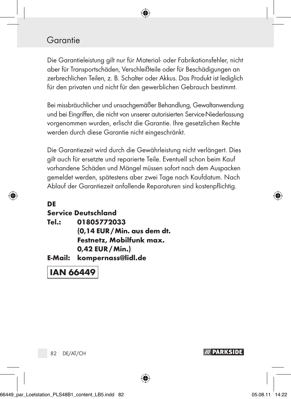 Garantie / entsorgung garantie | Parkside PLS 48 B1 User Manual | Page 82 / 86