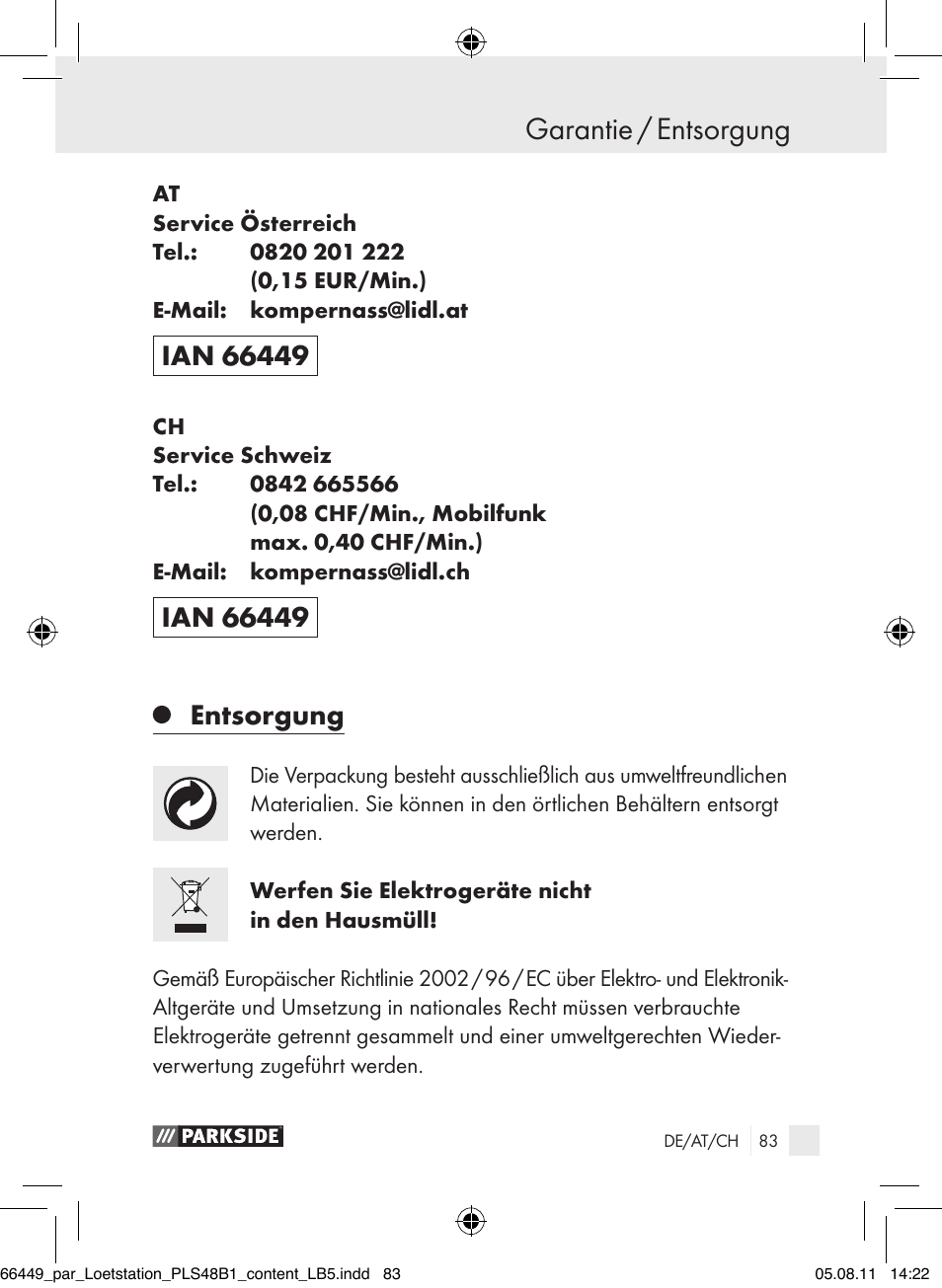 Garantie / entsorgung garantie, Entsorgung | Parkside PLS 48 B1 User Manual | Page 83 / 86