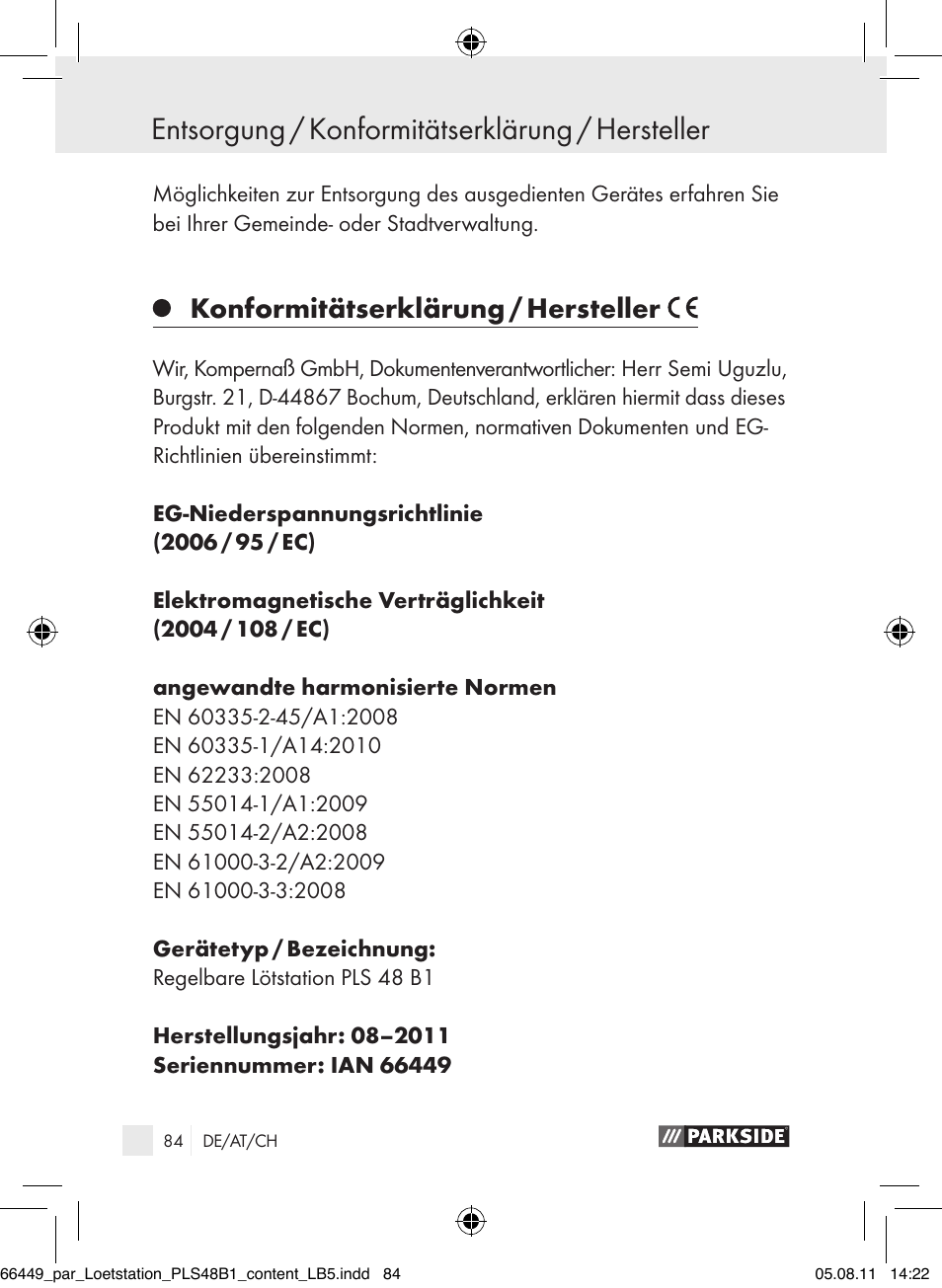 Konformitätserklärung / hersteller | Parkside PLS 48 B1 User Manual | Page 84 / 86