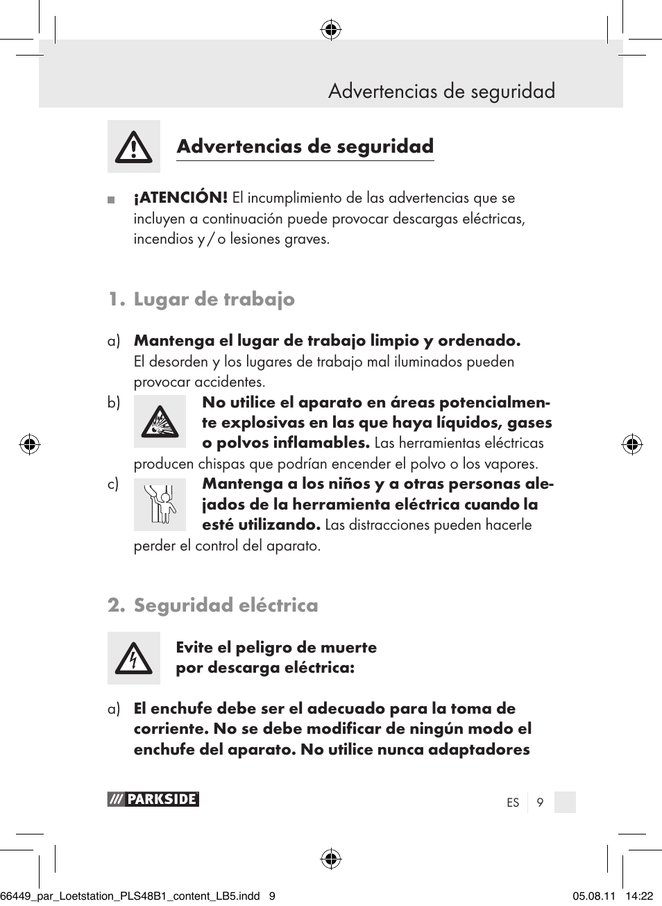 Advertencias de seguridad introducción, Advertencias de seguridad, Lugar de trabajo | Seguridad eléctrica | Parkside PLS 48 B1 User Manual | Page 9 / 86