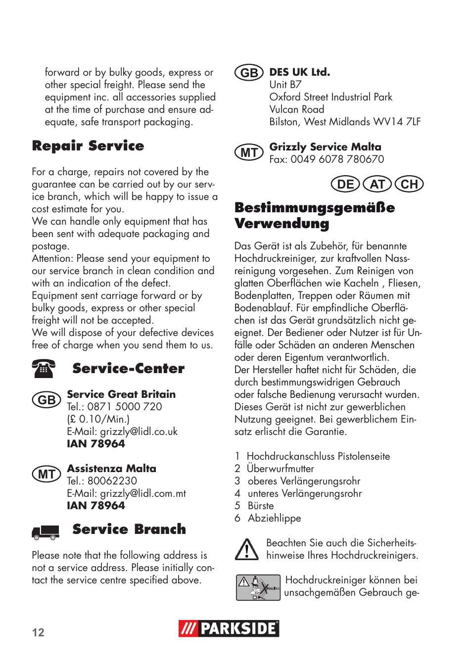 Repair service, Service-center, Service branch | Bestimmungsgemäße verwendung | Parkside PRESSURE WASHER BRUSH ATTACHMENT User Manual | Page 12 / 16