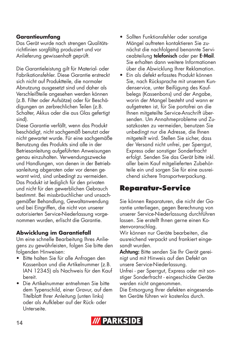 Reparatur-service | Parkside PRESSURE WASHER BRUSH ATTACHMENT User Manual | Page 14 / 16