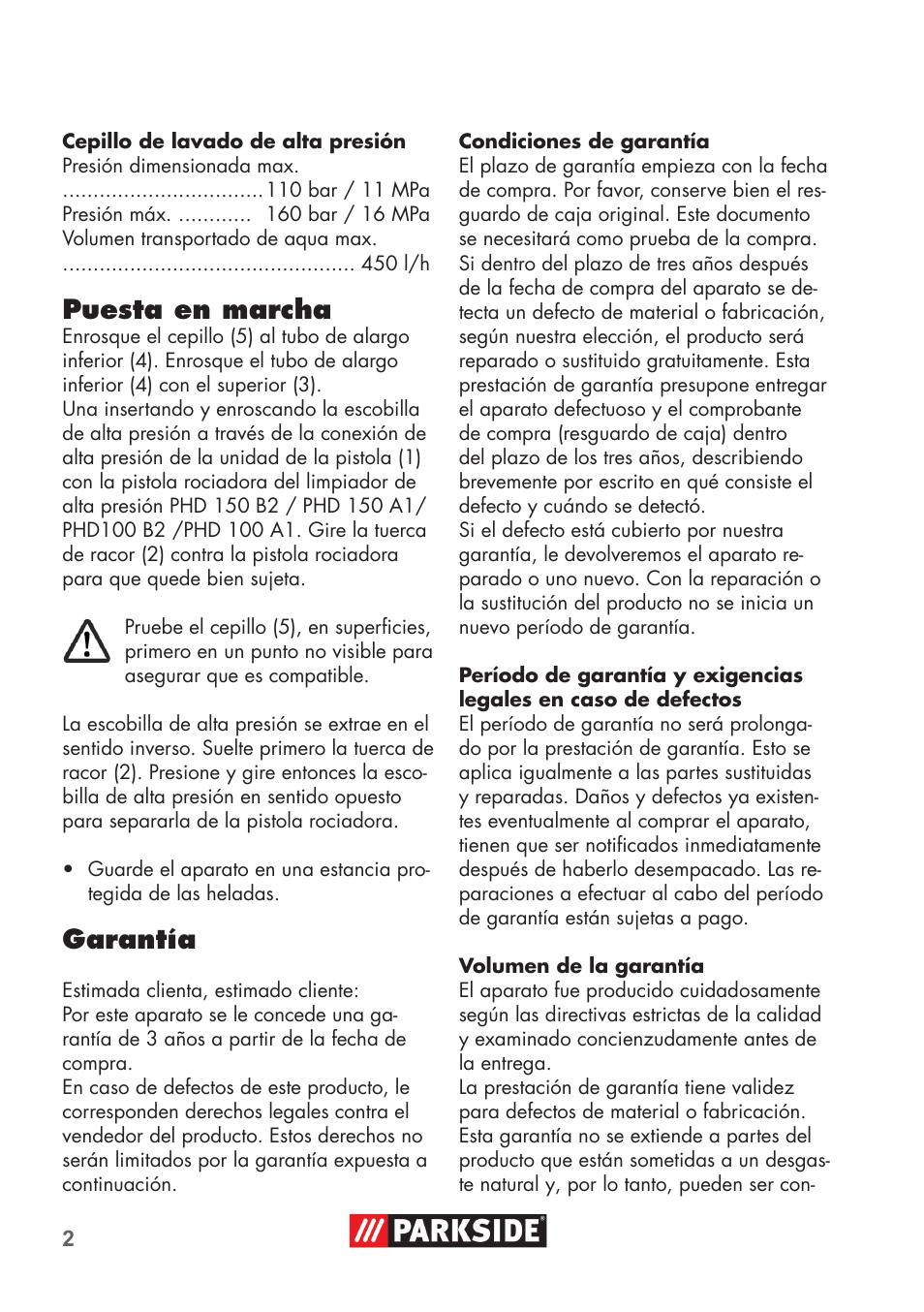 Puesta en marcha, Garantía | Parkside PRESSURE WASHER BRUSH ATTACHMENT User Manual | Page 2 / 16