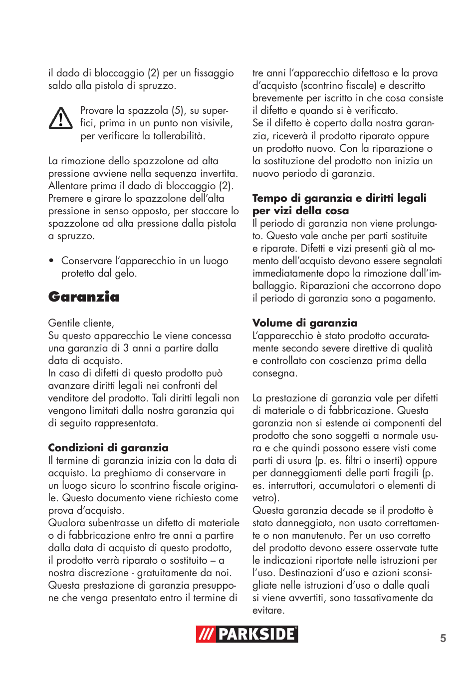 Garanzia | Parkside PRESSURE WASHER BRUSH ATTACHMENT User Manual | Page 5 / 16