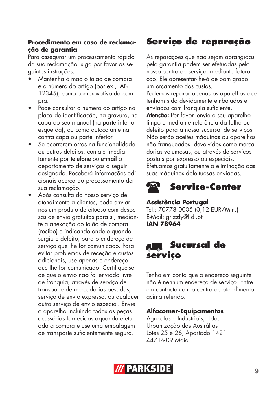 Serviço de reparação, Service-center, Sucursal de serviço | Parkside PRESSURE WASHER BRUSH ATTACHMENT User Manual | Page 9 / 16