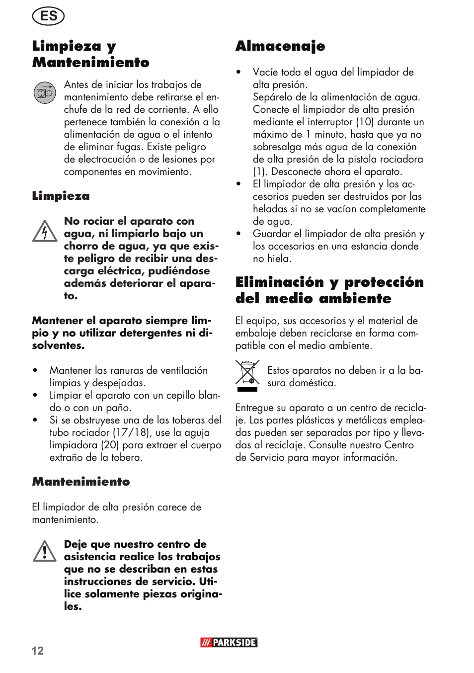 Es limpieza y mantenimiento, Almacenaje, Eliminación y protección del medio ambiente | Parkside PHD 150 B2 User Manual | Page 12 / 66