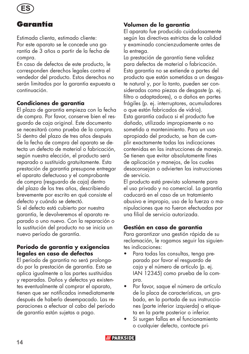 Es garantía | Parkside PHD 150 B2 User Manual | Page 14 / 66