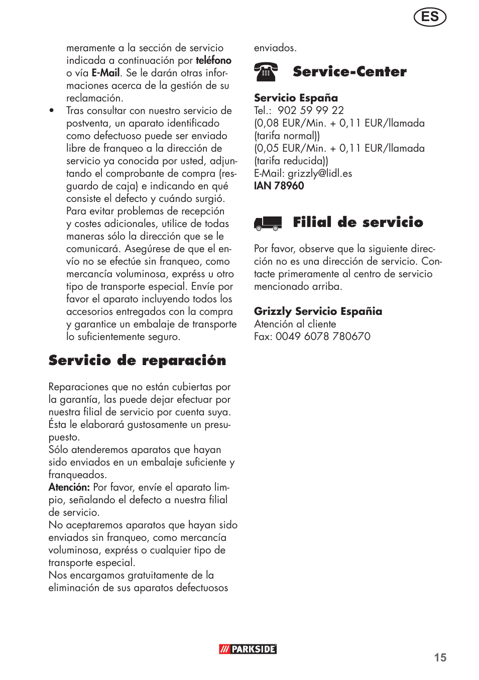 Servicio de reparación, Service-center, Filial de servicio | Parkside PHD 150 B2 User Manual | Page 15 / 66