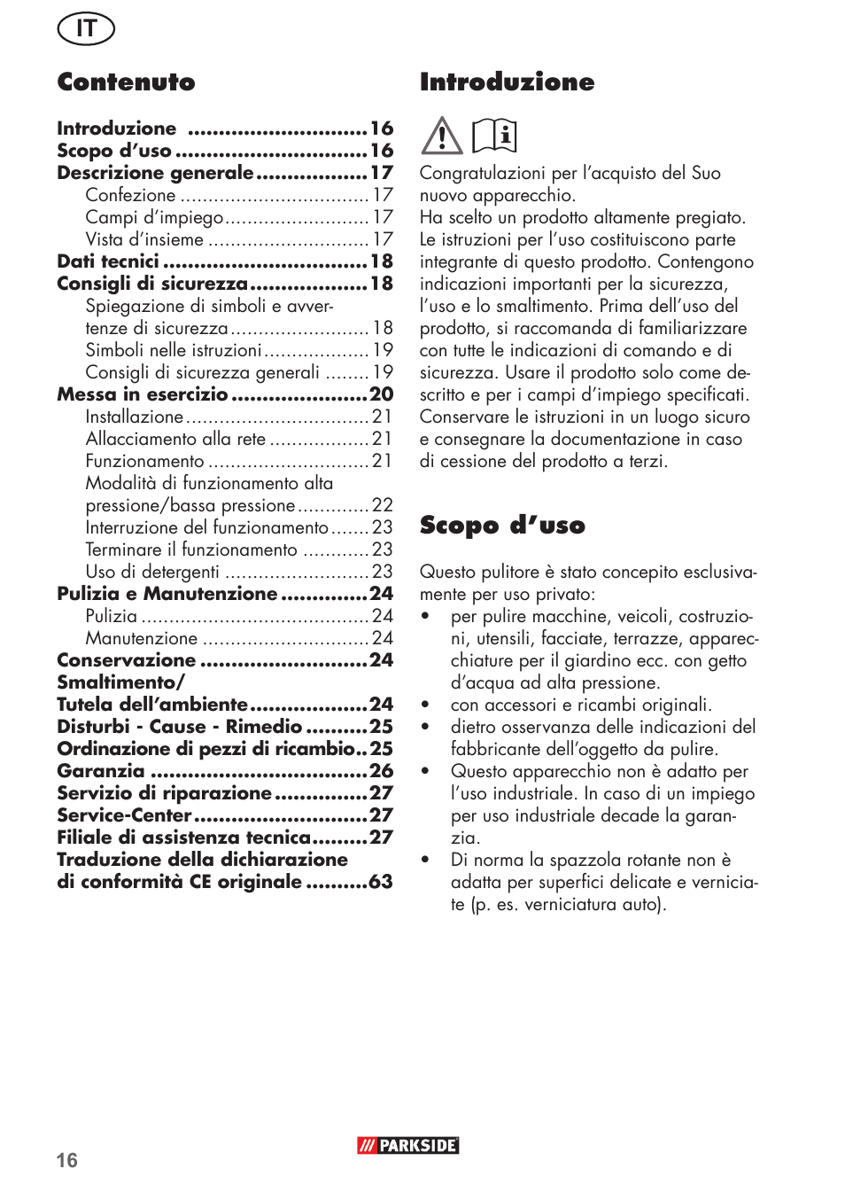 It introduzione, Scopo d’uso, Contenuto | Parkside PHD 150 B2 User Manual | Page 16 / 66