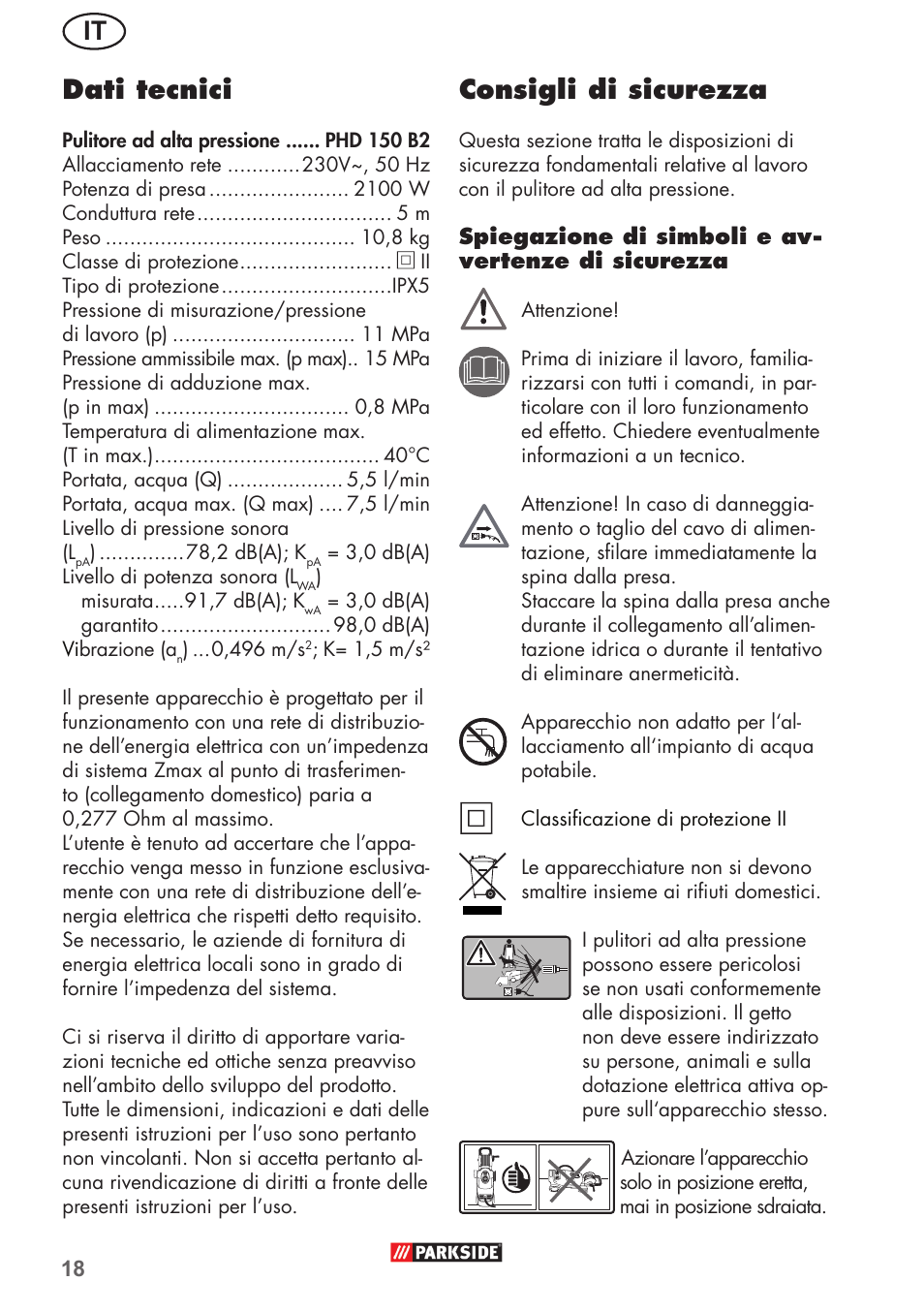 It dati tecnici, Consigli di sicurezza | Parkside PHD 150 B2 User Manual | Page 18 / 66